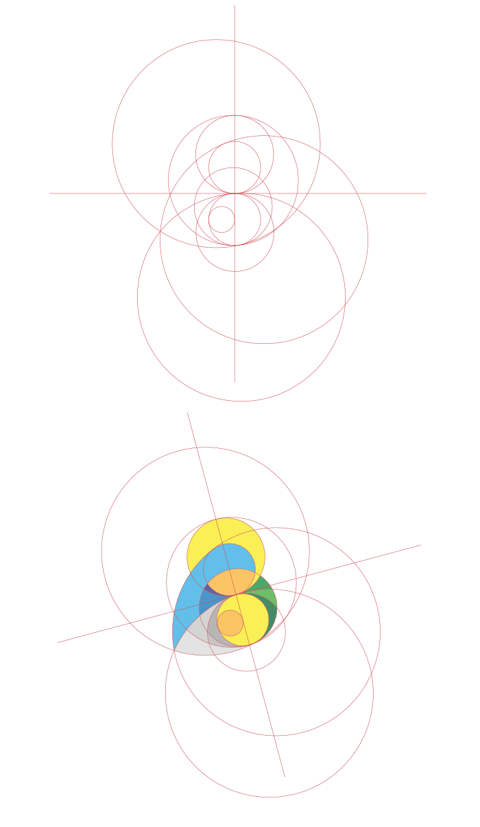 Construction du logo la Vierge et L'enfant avec cercles du golden ratio